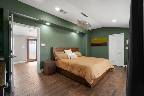 Bedroom, Chandelier, Interior, Recessed Lighting, Wood Texture Flooring