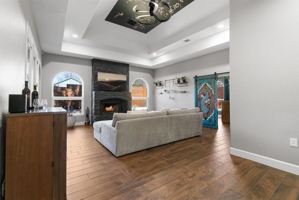 Fireplace, Interior, Living room, Recessed Lighting, Wood Texture Flooring