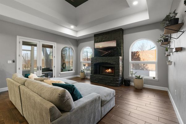 Fireplace, Interior, Living room, Recessed Lighting, Wood Texture Flooring