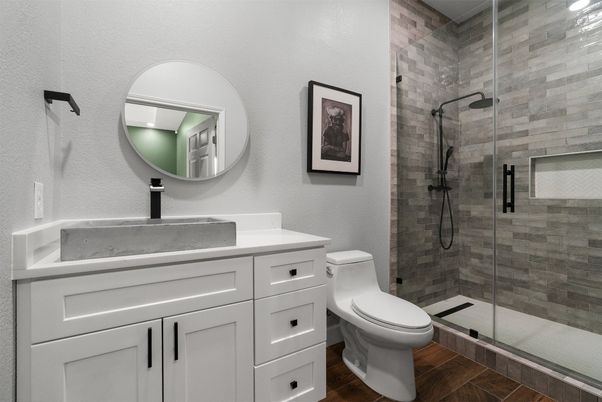 Bathroom, Glass Shower, Interior, Wood Texture Flooring