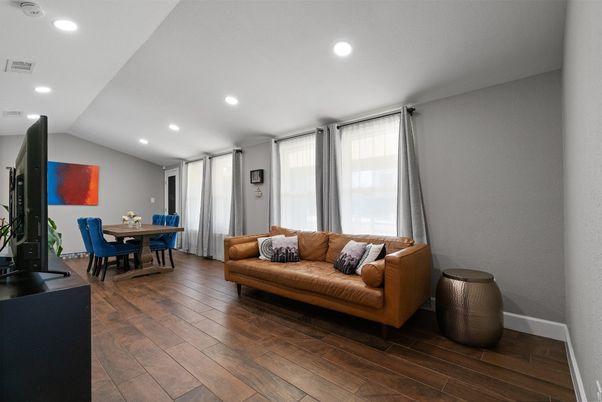 Dining room, Interior, Recessed Lighting, Wood Texture Flooring