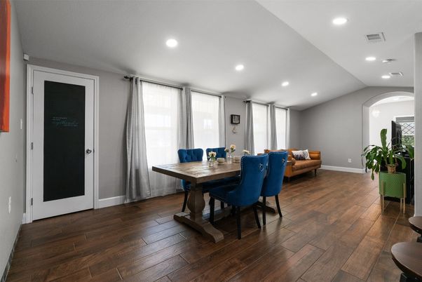 Dining room, Interior, Recessed Lighting, Wood Texture Flooring