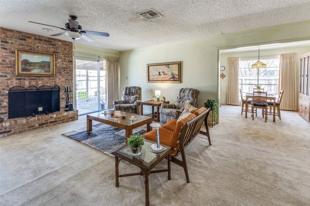 Dining room, Fireplace, Interior, Living room, Pendant Lights, Stone Walls