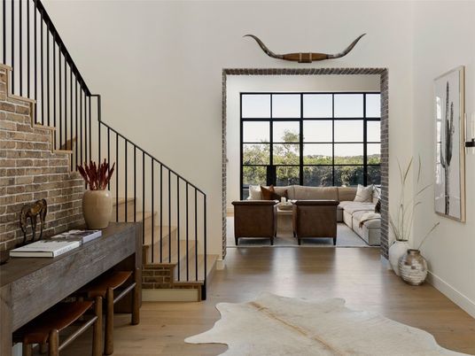 Interior, Living room, Stone Walls, Wood Texture Flooring