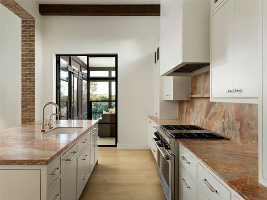 Interior, Kitchen, Stainless Steel Appliances, Stone Walls, Wooden Beams, Wood Texture Flooring
