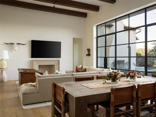 Dining room, Fireplace, Interior, Living room, Wooden Beams, Wood Texture Flooring
