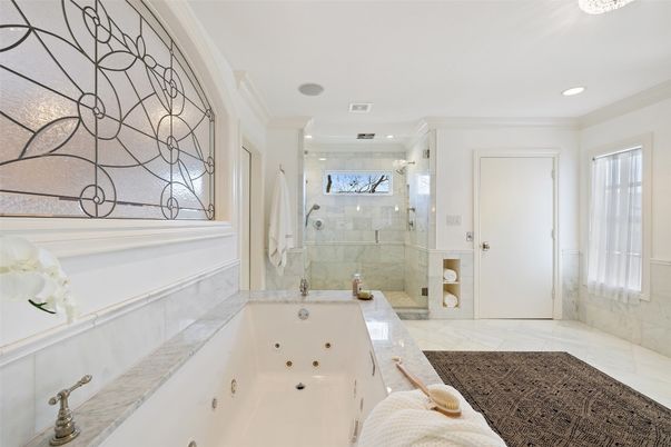 Bathroom, Glass Shower, Interior, Marble, Marble Walls, Recessed Lighting