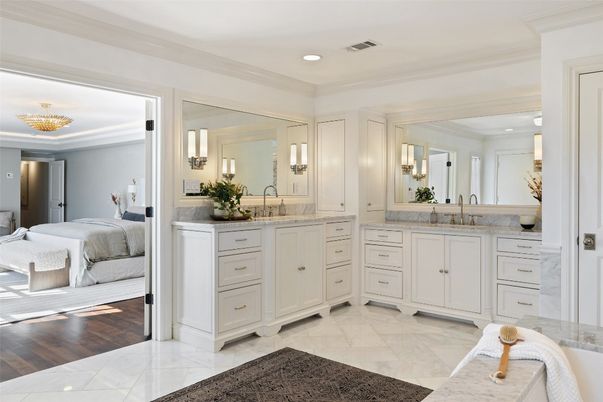 Bathroom, Bedroom, Dual Sink Vanities, Interior, Marble, Recessed Lighting, Wood Texture Flooring