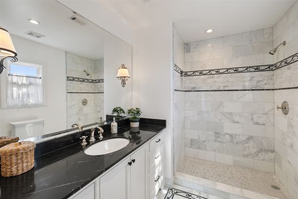 Bathroom, Glass Shower, Interior, Marble Walls, Recessed Lighting