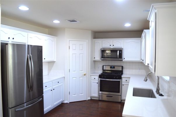 Interior, Kitchen, Recessed Lighting, Stainless Steel Appliances, Wood Texture Flooring