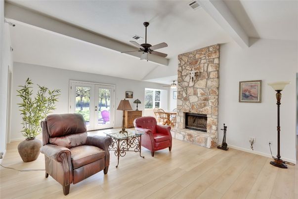 Fireplace, Interior, Living room, Stone Walls, Wood Texture Flooring