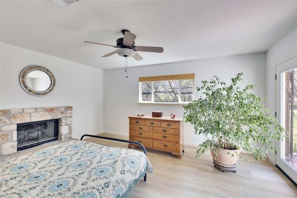 Bedroom, Fireplace, Interior, Wood Texture Flooring