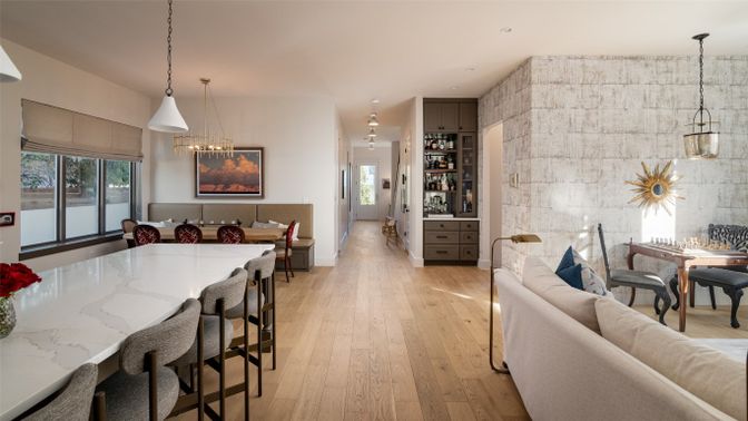 Dining room, Interior, Living room, Pendant Lights, Recessed Lighting, Stone Walls, Wood Texture Flooring