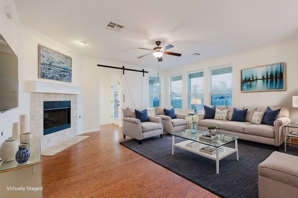 Fireplace, Interior, Living room, Recessed Lighting, Wood Texture Flooring