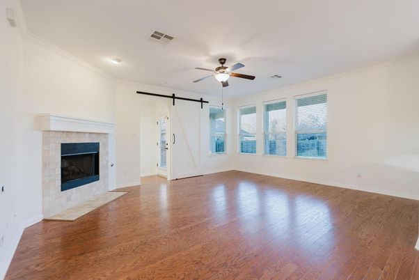 Empty room, Fireplace, Interior, Recessed Lighting, Wood Texture Flooring