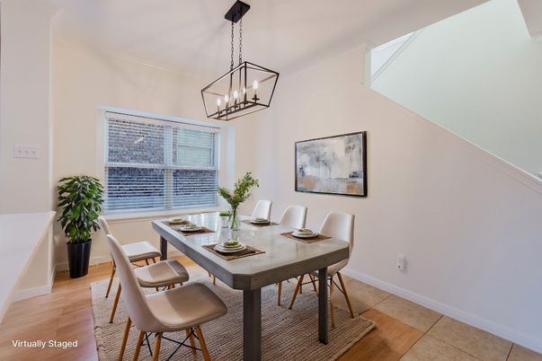 Dining room, Interior, Pendant Lights, Wood Texture Flooring