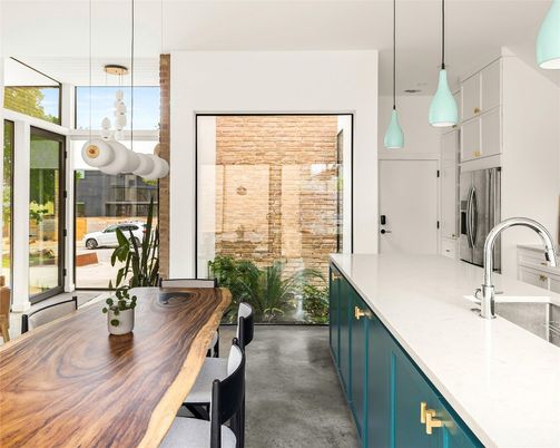 Dining room, Interior, Kitchen, Pendant Lights, Stainless Steel Appliances