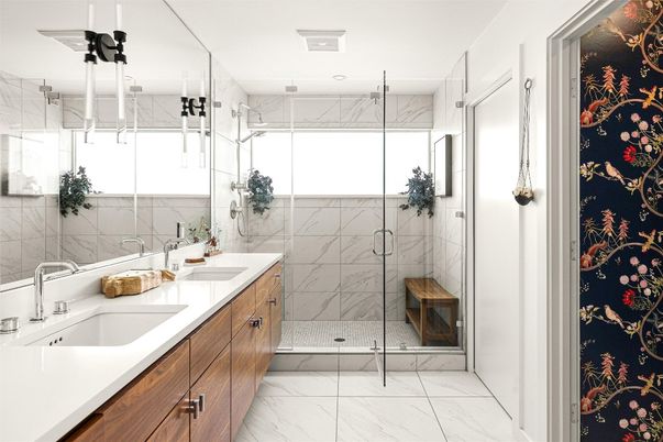 Bathroom, Dual Sink Vanities, Glass Shower, Interior, Marble, Marble Walls