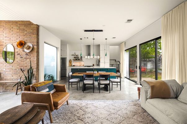 Dining room, Interior, Kitchen, Living room, Pendant Lights, Stone Walls