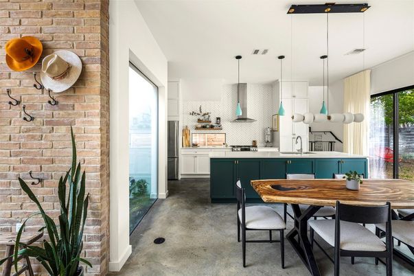 Dining room, Interior, Kitchen, Pendant Lights, Stainless Steel Appliances, Stone Walls