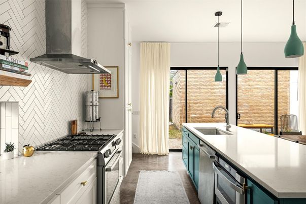 Interior, Kitchen, Pendant Lights, Stainless Steel Appliances, Wood Texture Flooring