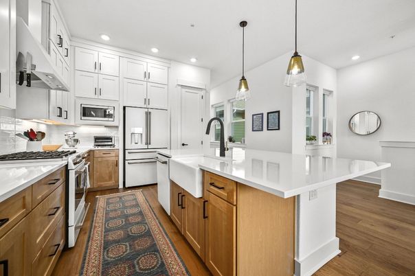 Interior, Kitchen, Pendant Lights, Recessed Lighting, Stainless Steel Appliances, Wood Texture Flooring