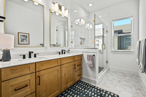 Bathroom, Dual Sink Vanities, Glass Shower, Interior, Marble, Recessed Lighting