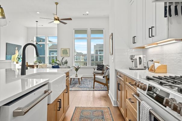 Dining room, Interior, Kitchen, Living room, Recessed Lighting, Stainless Steel Appliances, Wood Texture Flooring