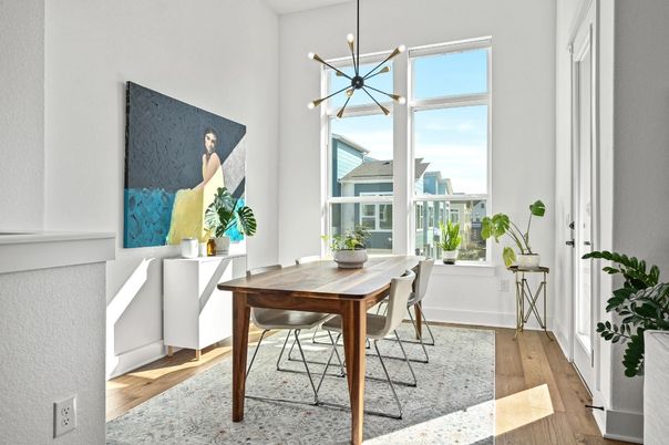 Dining room, Interior, Pendant Lights, Wood Texture Flooring