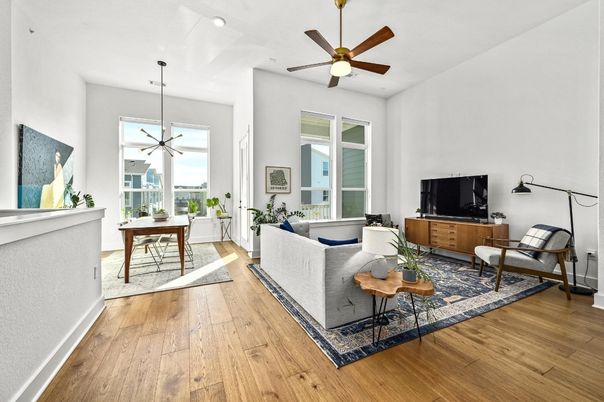 Dining room, Interior, Living room, Pendant Lights, Recessed Lighting, Wood Texture Flooring