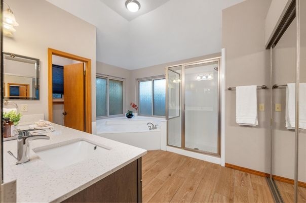 Bathroom, Dual Sink Vanities, Glass Shower, Interior, Wood Texture Flooring