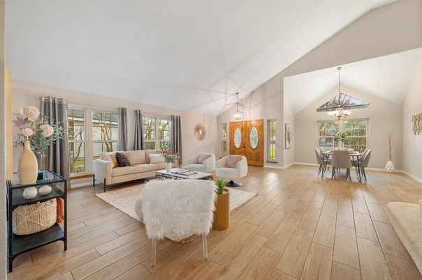 Dining room, Interior, Living room, Pendant Lights, Wood Texture Flooring