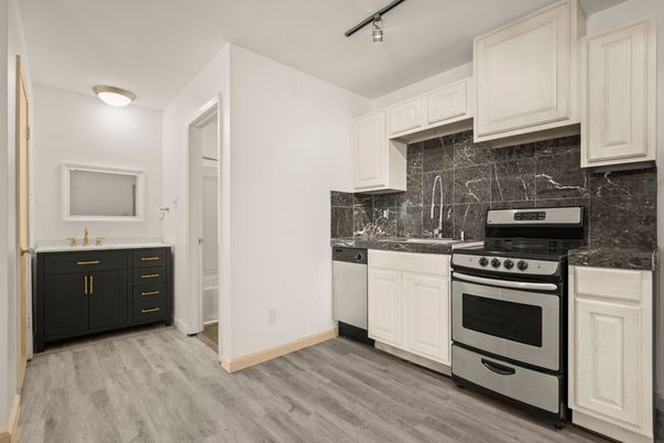 Interior, Kitchen, Marble Walls, Stainless Steel Appliances, Wood Texture Flooring
