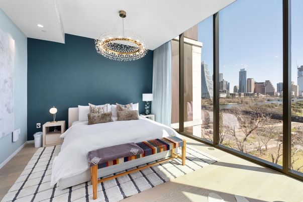 Bedroom, Chandelier, Interior, Recessed Lighting, Wood Texture Flooring