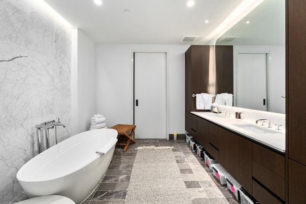 Bathroom, Dual Sink Vanities, Free Standing Baths, Interior, Marble Walls, Recessed Lighting
