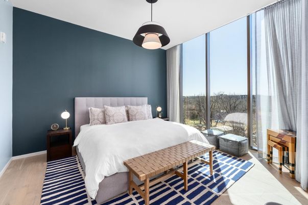 Bedroom, Interior, Pendant Lights, Wood Texture Flooring