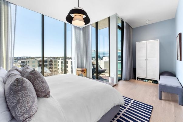Bedroom, Interior, Pendant Lights, Wood Texture Flooring