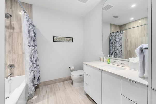 Bathroom, Interior, Recessed Lighting, Wood Texture Flooring