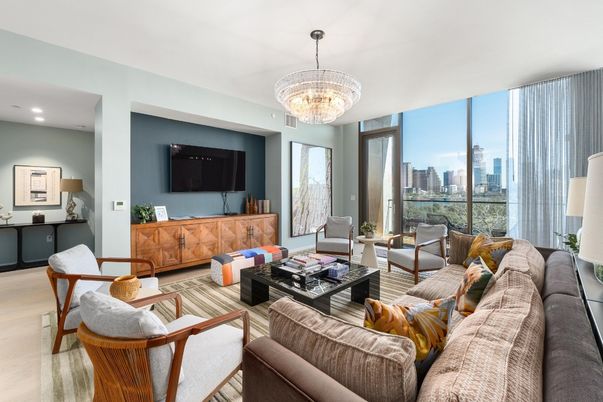 Chandelier, Interior, Living room, Recessed Lighting, Wood Texture Flooring