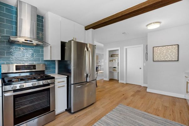 Interior, Kitchen, Stainless Steel Appliances, Wooden Beams, Wood Texture Flooring