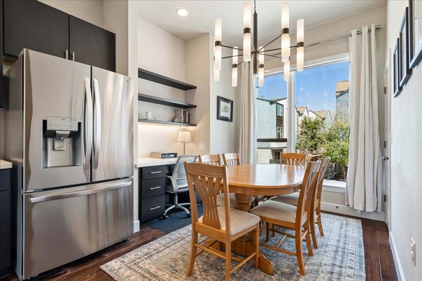Dining room, Interior, Kitchen, Pendant Lights, Recessed Lighting, Stainless Steel Appliances, Wood Texture Flooring