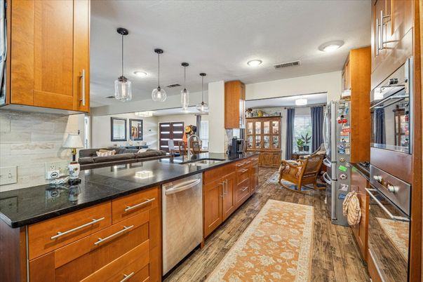 Interior, Kitchen, Pendant Lights, Recessed Lighting, Stainless Steel Appliances, Wood Texture Flooring
