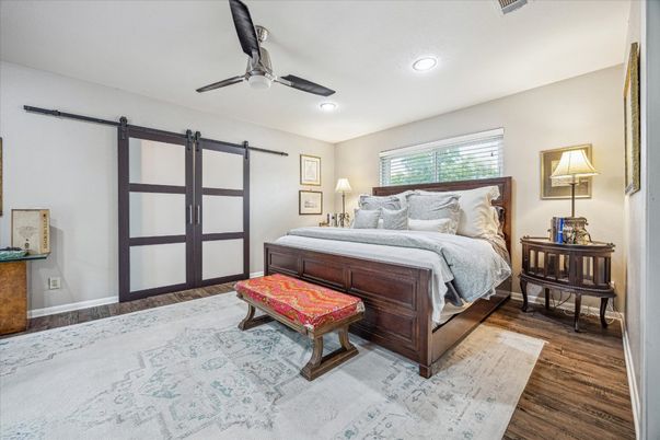 Bedroom, Interior, Recessed Lighting, Wood Texture Flooring