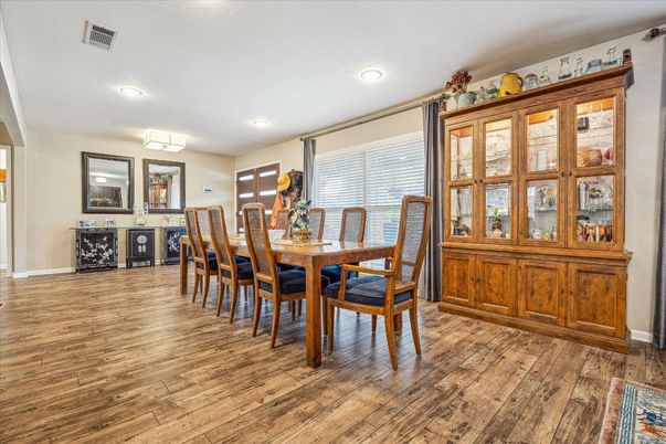 Dining room, Interior, Recessed Lighting, Wood Texture Flooring