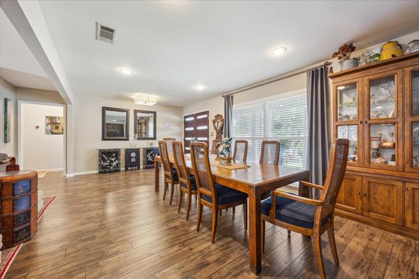 Dining room, Interior, Recessed Lighting, Wood Texture Flooring
