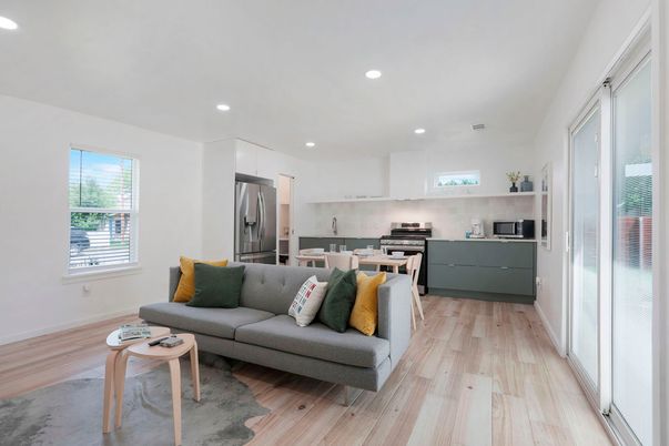 Interior, Kitchen, Living room, Recessed Lighting, Stainless Steel Appliances, Wood Texture Flooring