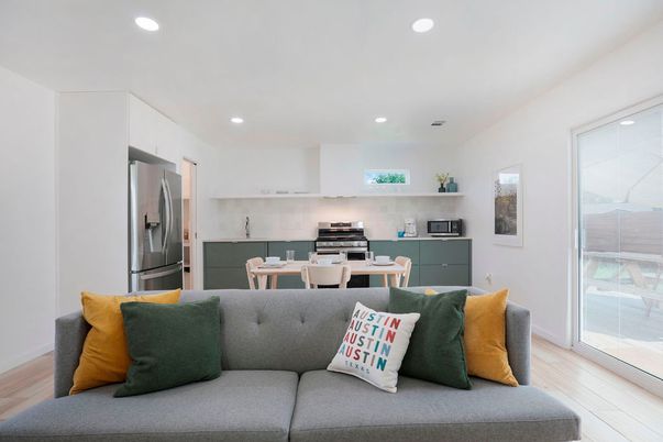 Dining room, Interior, Kitchen, Living room, Recessed Lighting, Stainless Steel Appliances, Wood Texture Flooring