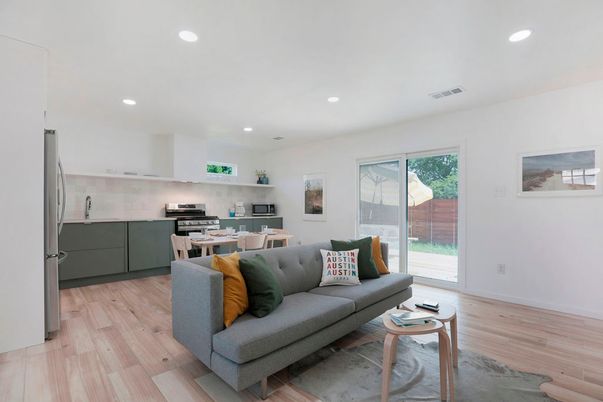 Dining room, Interior, Kitchen, Living room, Recessed Lighting, Stainless Steel Appliances, Wood Texture Flooring