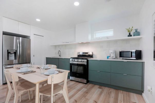 Dining room, Interior, Kitchen, Recessed Lighting, Stainless Steel Appliances, Wood Texture Flooring