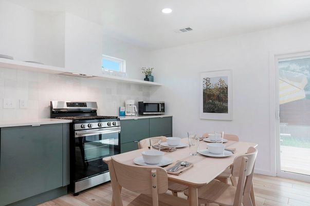 Dining room, Interior, Kitchen, Recessed Lighting, Stainless Steel Appliances, Wood Texture Flooring
